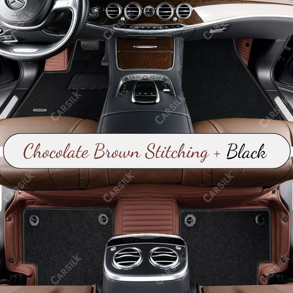 CHOCOLATE BROWN STRIPE BASE WITH BLACK TOP CARPET DOUBLE LAYER CAR MAT SET