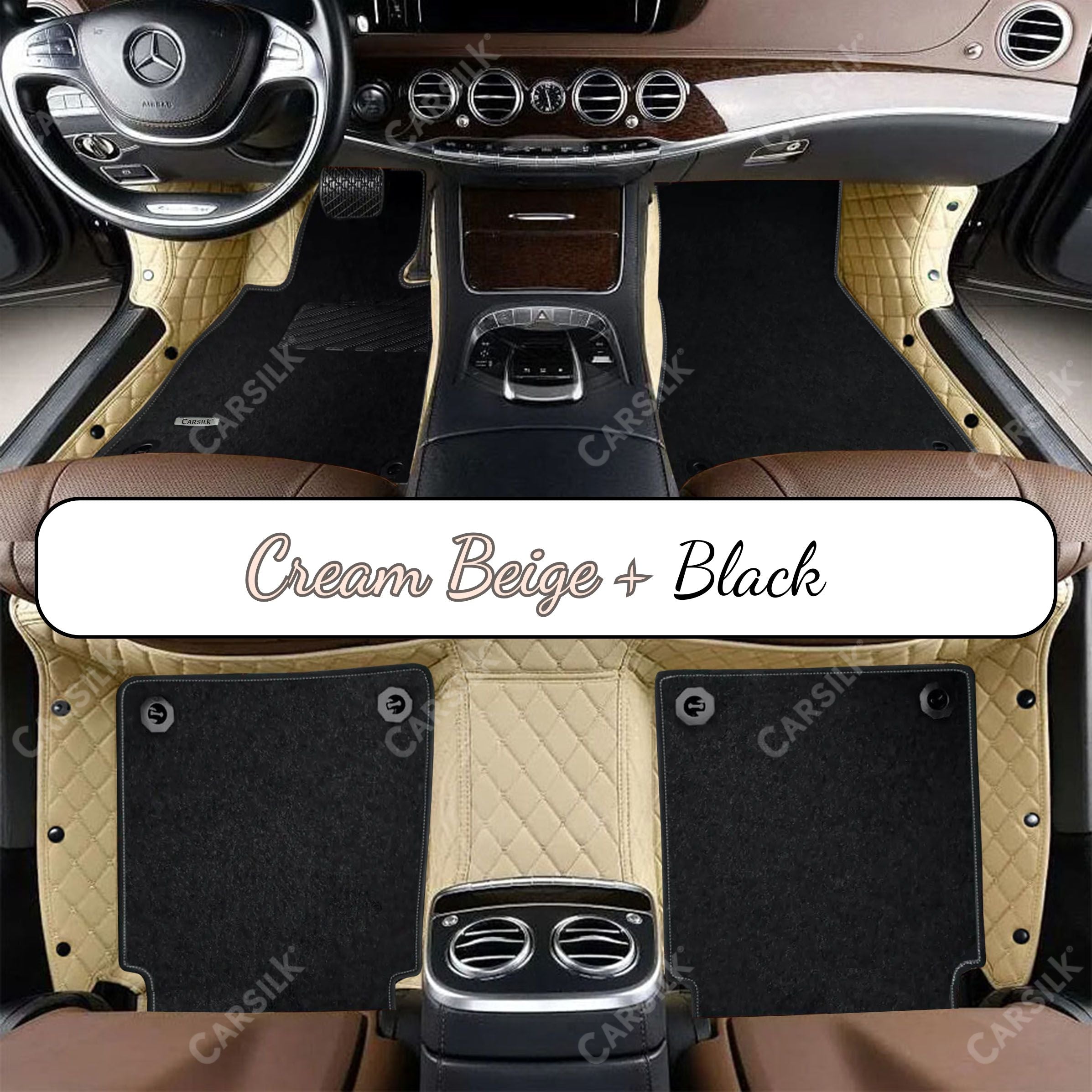 CREAM BEIGE DIAMOND BASE WITH BLACK TOP CARPET DOUBLE LAYER CAR MAT SET