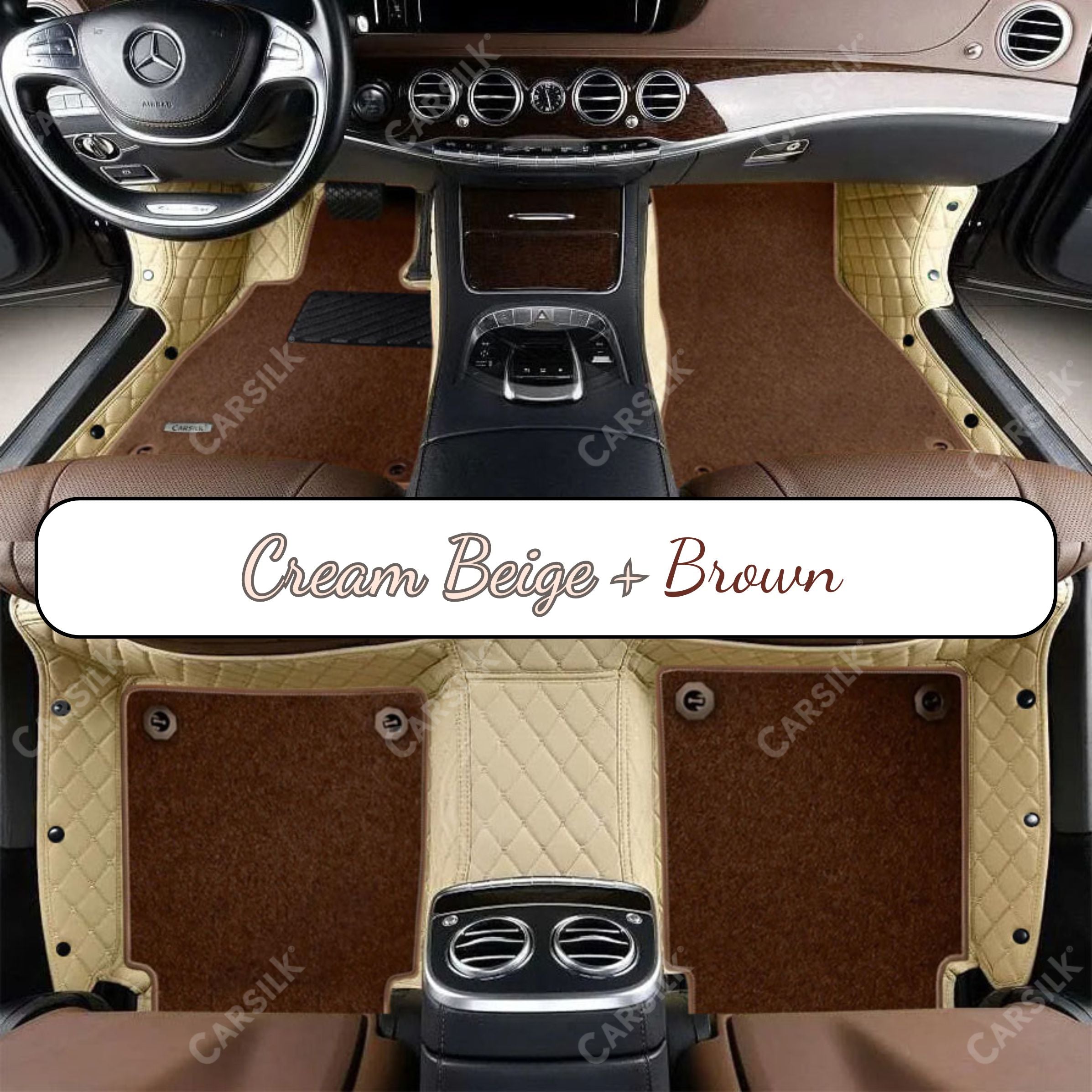 CREAM BEIGE DIAMOND BASE WITH BROWN TOP CARPET DOUBLE LAYER CAR MAT SET