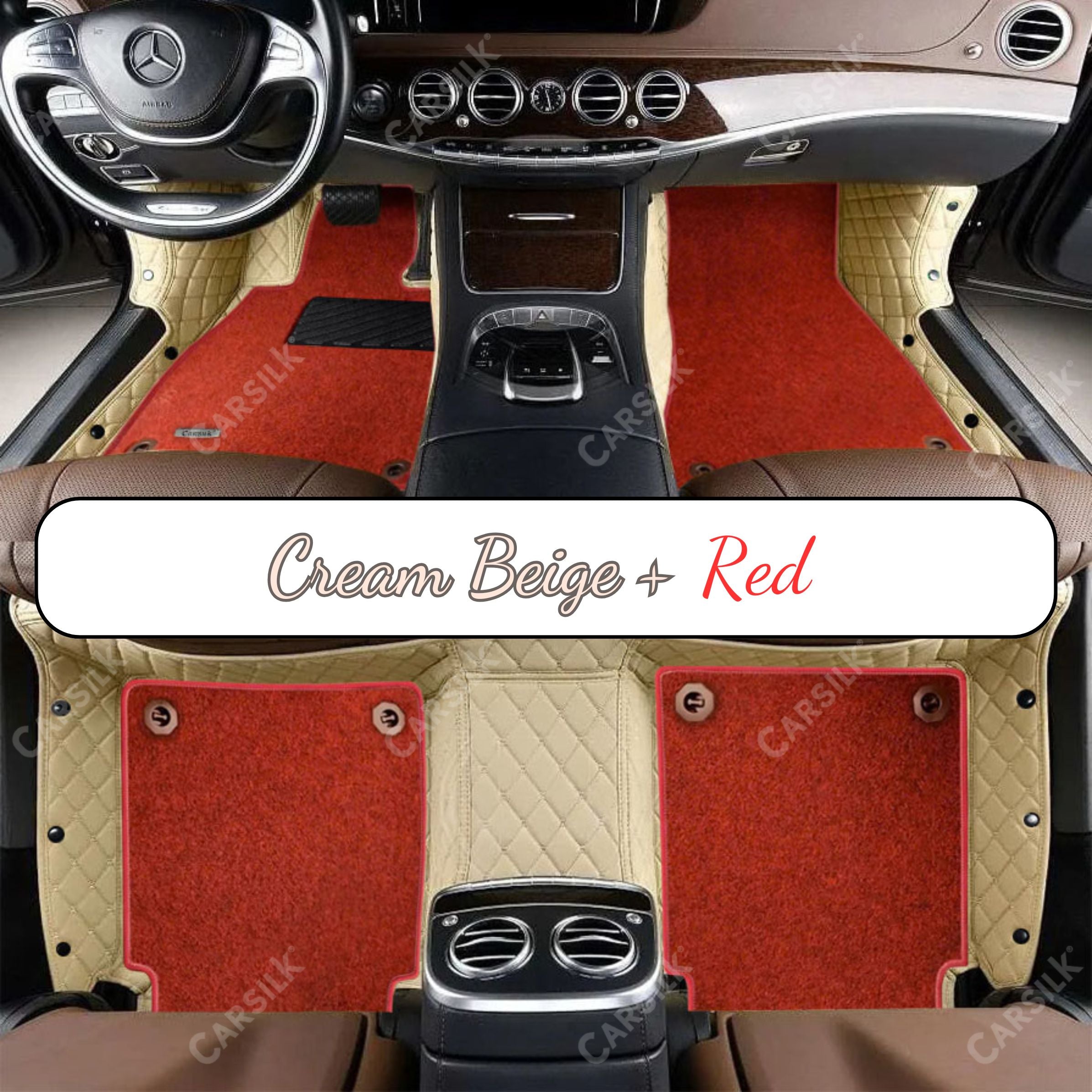 CREAM BEIGE DIAMOND BASE WITH RED TOP CARPET DOUBLE LAYER CAR MAT SET