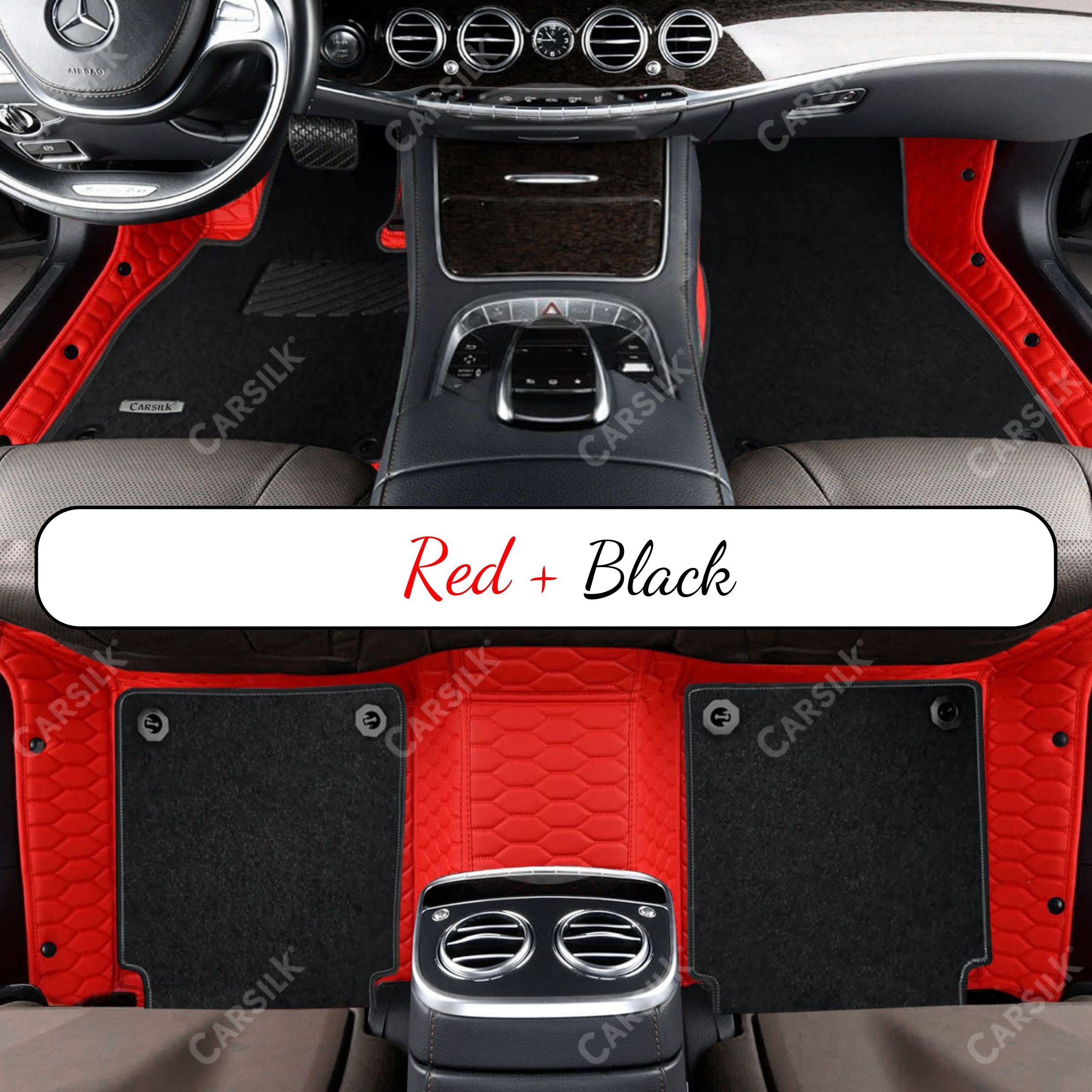 FERRARI RED HONEYCOMB BASE WITH BLACK TOP CARPET DOUBLE LAYER CAR MAT SET