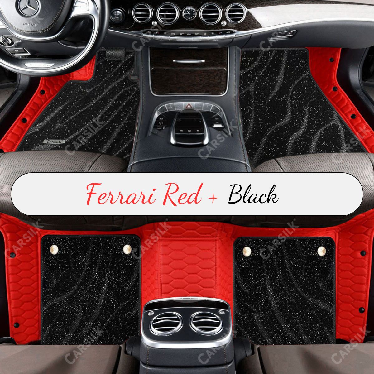 FERRARI RED HONEYCOMB BASE WITH BLACK TOP CARPET DOUBLE LAYER GALAXY CAR MAT SET