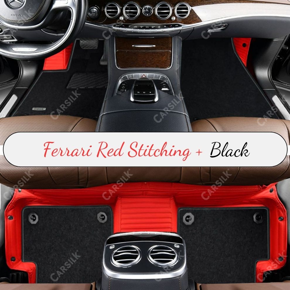 FERRARI RED STRIPE BASE WITH BLACK TOP CARPET DOUBLE LAYER CAR MAT SET
