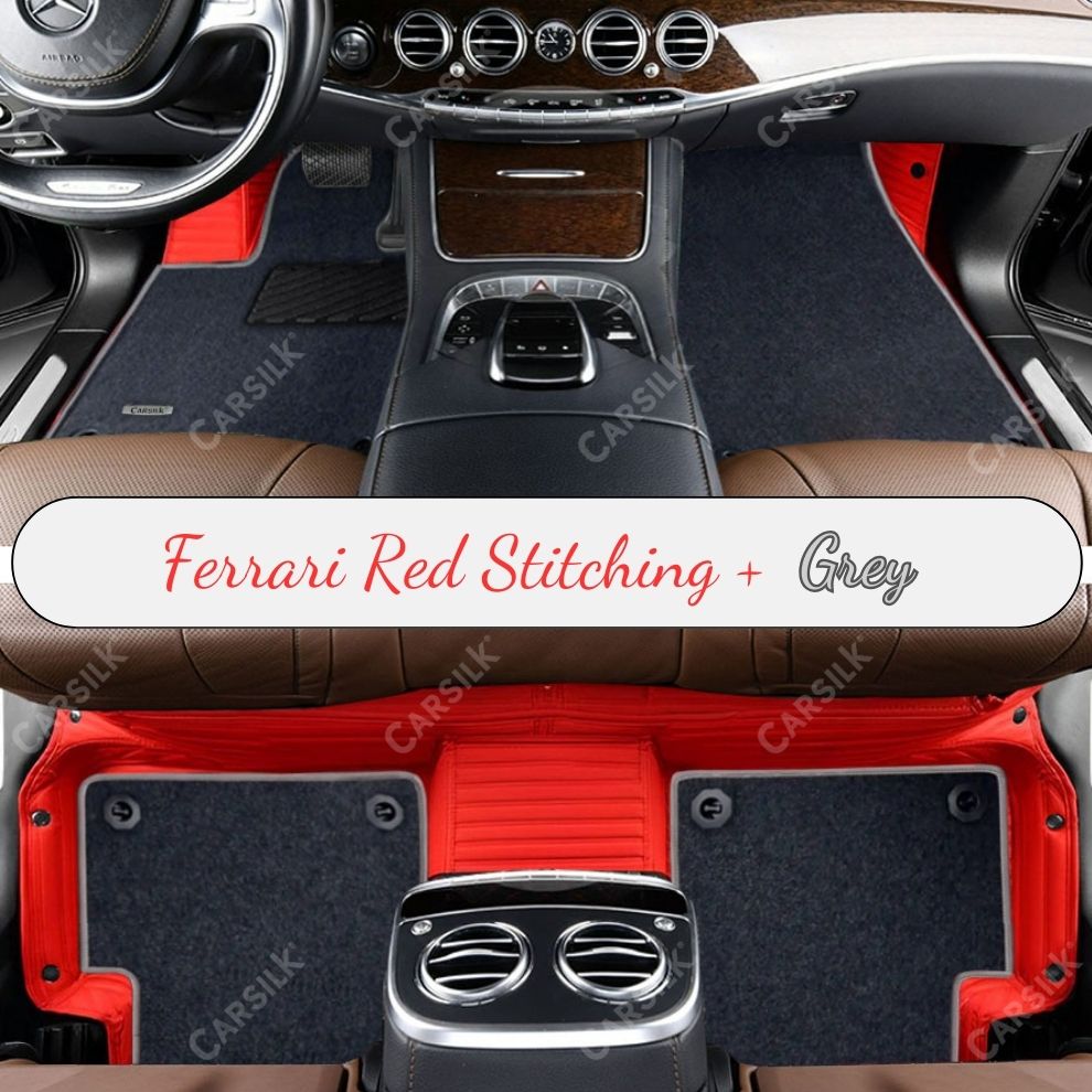 FERRARI RED STRIPE BASE WITH GRAY TOP CARPET DOUBLE LAYER CAR MAT SET