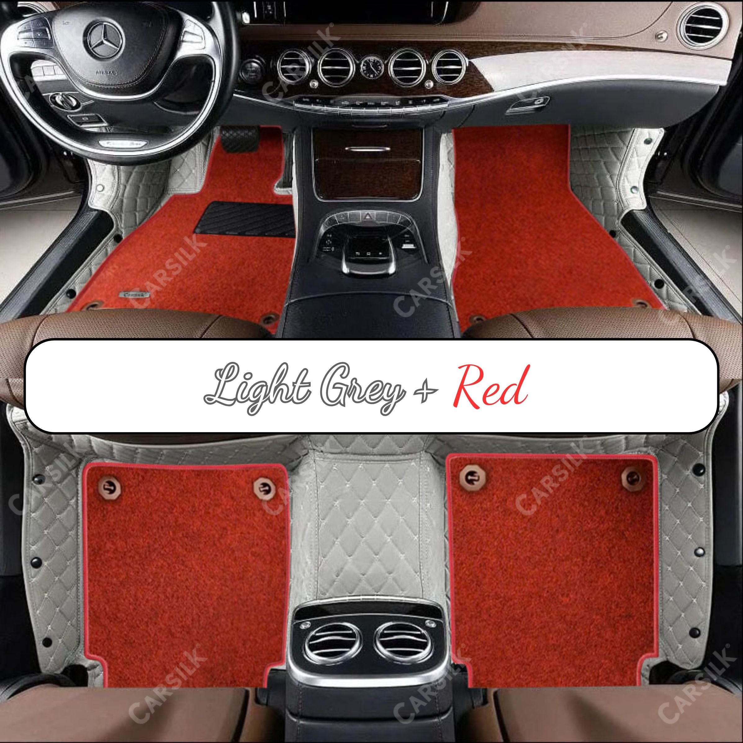 LIGHT GRAY DIAMOND BASE WITH RED TOP CARPET DOUBLE LAYER CAR MAT SET